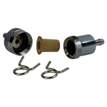 The Moto Iron® 1/4" Chrome High Performance Mini Fuel Filter, featuring barbed hose fittings and two spring hose clamps, is shown on a white background.