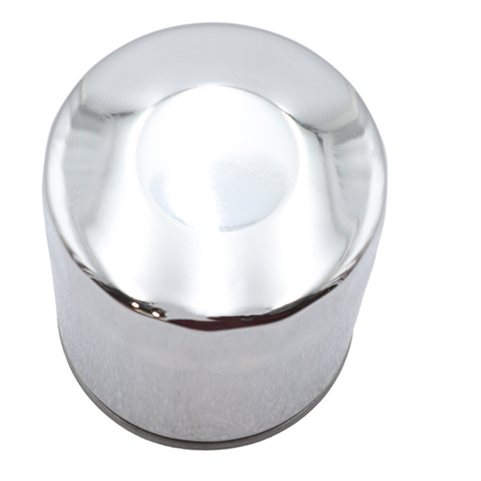 Two upright Mid-USA Oil Filters for Harley-Davidson Evolution motorcycles are shown: one with a chrome finish and one with a matte black finish.