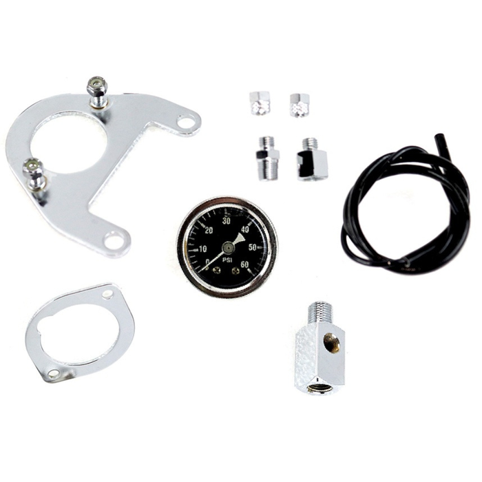 The Mid-USA Chrome Oil Pressure Gauge Kit for 1999-2005 Harley-Davidson Twin Cam motorcycles includes a gauge, mounting brackets, fittings, wire, and connectors displayed on a white background.