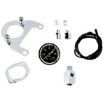 The Mid-USA Chrome Oil Pressure Gauge Kit for 1999-2005 Harley-Davidson Twin Cam motorcycles includes a gauge, mounting brackets, fittings, wire, and connectors displayed on a white background.