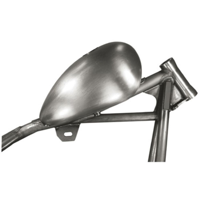 A Mid-USA 2 Gallon Wassell-Style Peanut Gas Tank in matte silver, teardrop-shaped with an open cap hole on top, is photographed against a white background.