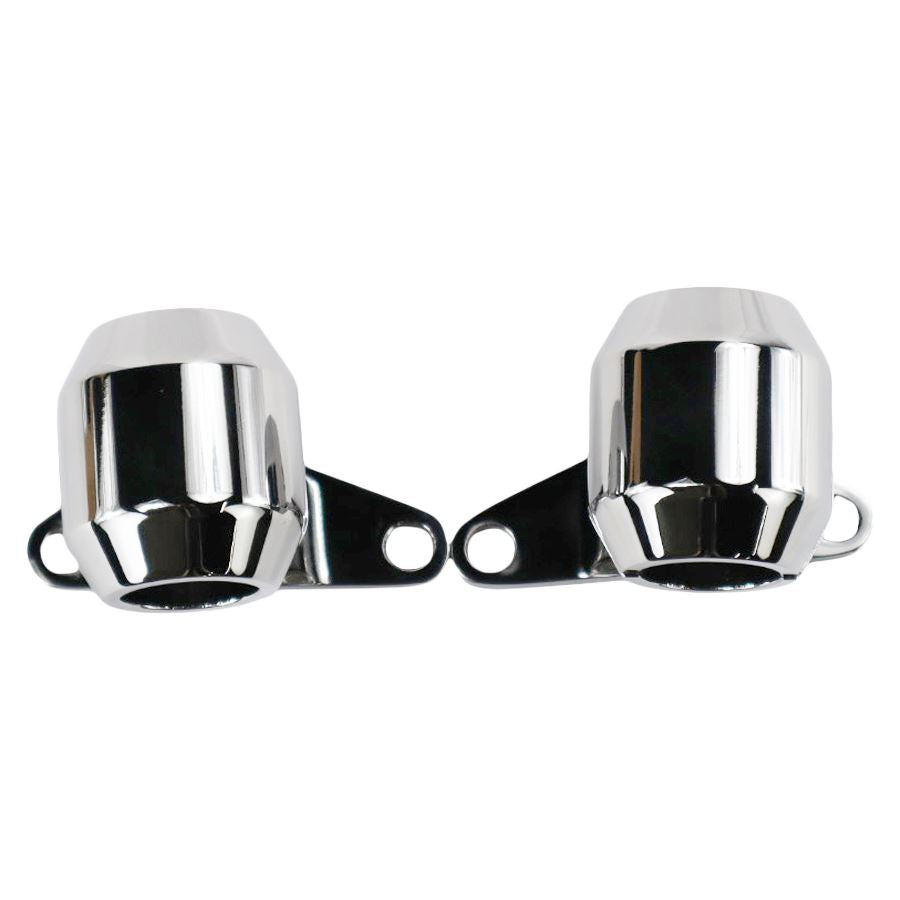 A pair of Moto Iron® chrome removable front fender mounts for Springer front ends on a white background, perfect for Harley narrowglide enthusiasts.