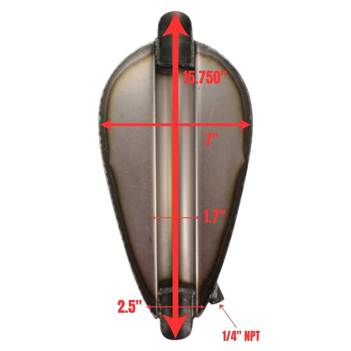 The Moto Iron® 1.3 Gallon Mini Frisco-Style Fuel Tank features a metallic teardrop shape, visible top opening, and mounting tabs—ideal as a classic chopper fuel tank or Harley-Davidson upgrade.