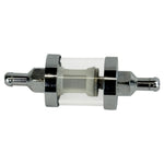 The Moto Iron® 1/4" Inline Glass Mini Fuel Filter features a transparent cylindrical body with 1/4" barb fittings, allowing easy viewing of the internal filter element for sediment protection.