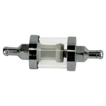 The Moto Iron® 1/4" Inline Glass Mini Fuel Filter features a transparent cylindrical body with 1/4" barb fittings, allowing easy viewing of the internal filter element for sediment protection.