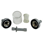 The Moto Iron® 1/4" Inline Glass Mini Fuel Filter features a transparent cylindrical body with 1/4" barb fittings, allowing easy viewing of the internal filter element for sediment protection.