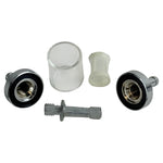 The Moto Iron® 1/4" Inline Glass Mini Fuel Filter features a transparent cylindrical body with 1/4" barb fittings, allowing easy viewing of the internal filter element for sediment protection.