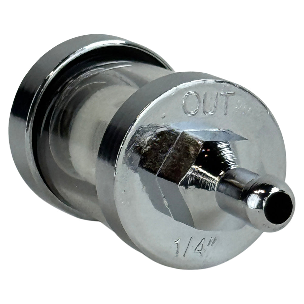 The Moto Iron® 1/4" Inline Glass Mini Fuel Filter features a transparent cylindrical body with 1/4" barb fittings, allowing easy viewing of the internal filter element for sediment protection.