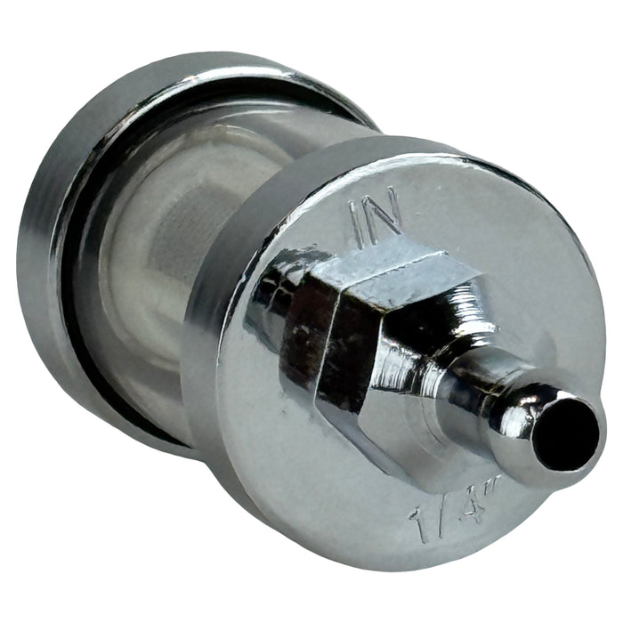 The Moto Iron® 1/4" Inline Glass Mini Fuel Filter features a transparent cylindrical body with 1/4" barb fittings, allowing easy viewing of the internal filter element for sediment protection.