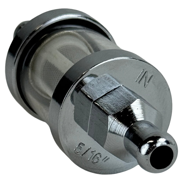 The Moto Iron® 5/16" Inline Glass Mini Fuel Filter features a transparent cylindrical body with metal ends and an internal mesh filter; fits 5/16" fuel lines.