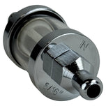 The Moto Iron® 5/16" Inline Glass Mini Fuel Filter features a transparent cylindrical body with metal ends and an internal mesh filter; fits 5/16" fuel lines.