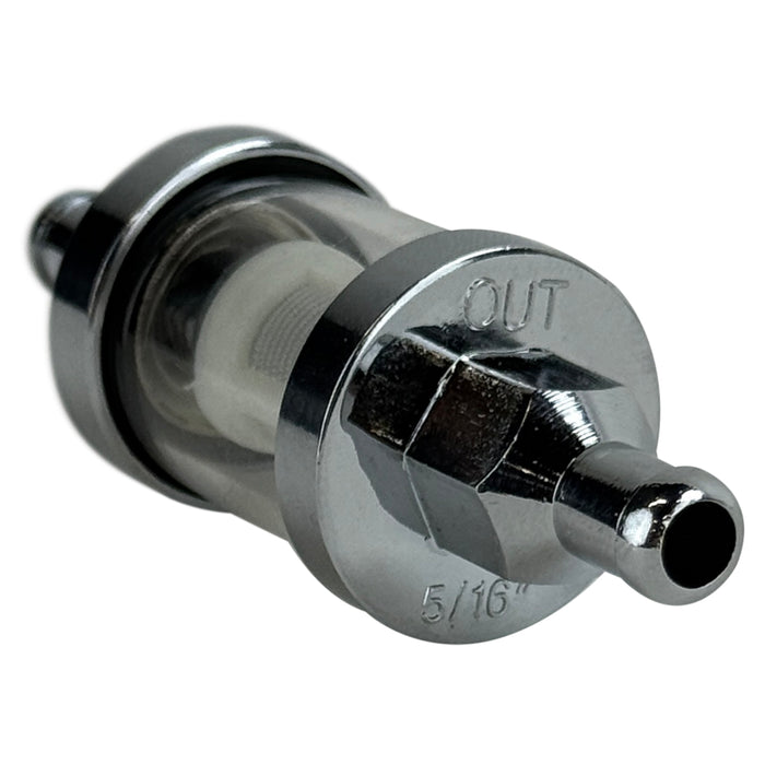 The Moto Iron® 5/16" Inline Glass Mini Fuel Filter features a transparent cylindrical body with metal ends and an internal mesh filter; fits 5/16" fuel lines.