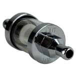 The Moto Iron® 5/16" Inline Glass Mini Fuel Filter features a transparent cylindrical body with metal ends and an internal mesh filter; fits 5/16" fuel lines.
