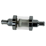 The Moto Iron® 5/16" Inline Glass Mini Fuel Filter features a transparent cylindrical body with metal ends and an internal mesh filter; fits 5/16" fuel lines.