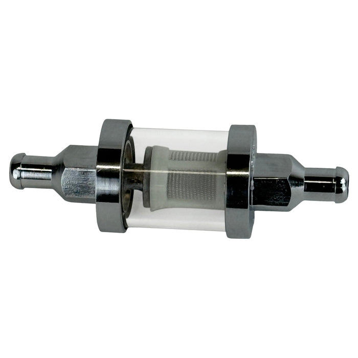 The Moto Iron® 5/16" Inline Glass Mini Fuel Filter features a transparent cylindrical body with metal ends and an internal mesh filter; fits 5/16" fuel lines.