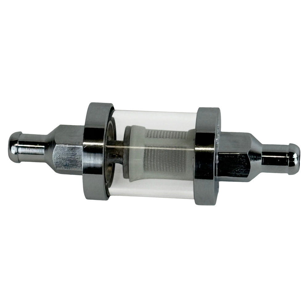 The Moto Iron® 5/16" Inline Glass Mini Fuel Filter features a transparent cylindrical body with metal ends and an internal mesh filter; fits 5/16" fuel lines.