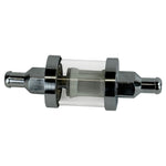 The Moto Iron® 5/16" Inline Glass Mini Fuel Filter features a transparent cylindrical body with metal ends and an internal mesh filter; fits 5/16" fuel lines.