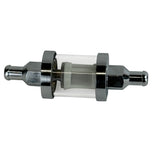 The Moto Iron® 5/16" Inline Glass Mini Fuel Filter features a transparent cylindrical body with metal ends and an internal mesh filter; fits 5/16" fuel lines.