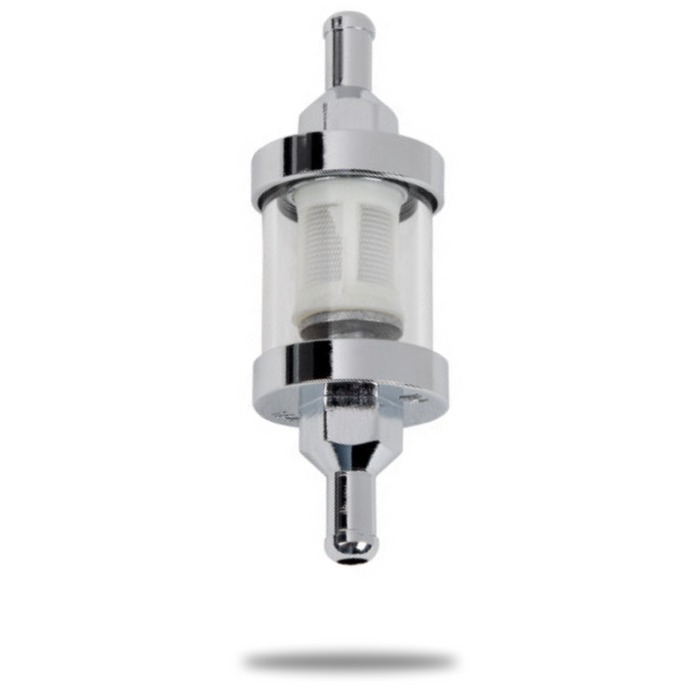 The Moto Iron® Inline Glass Mini Fuel Filter, made of metal and plastic with 5/16" barb fittings, features a transparent body and mesh filter for carburetor protection. It is shown against a white background with a shadow below.