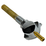 The Moto Iron® 1/4" Male Petcock—Straight Spigot is a metal and plastic fuel valve with an ON/OFF lever, mesh fuel filter at the top, and 1/4" NPT male threading.