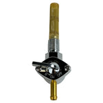 The Moto Iron® 1/4" Male Petcock—Straight Spigot is a metal and plastic fuel valve with an ON/OFF lever, mesh fuel filter at the top, and 1/4" NPT male threading.