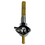 The Moto Iron® 1/4" Male Petcock—Straight Spigot is a metal and plastic fuel valve with an ON/OFF lever, mesh fuel filter at the top, and 1/4" NPT male threading.