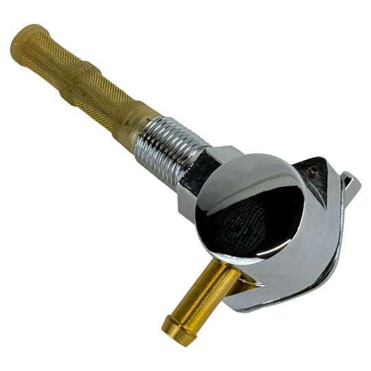 The Moto Iron® 1/4" Male Petcock—Right Spigot features ON/OFF lever control, brass fittings, and a threaded 1/4" connector—perfect as a motorcycle fuel valve replacement.
