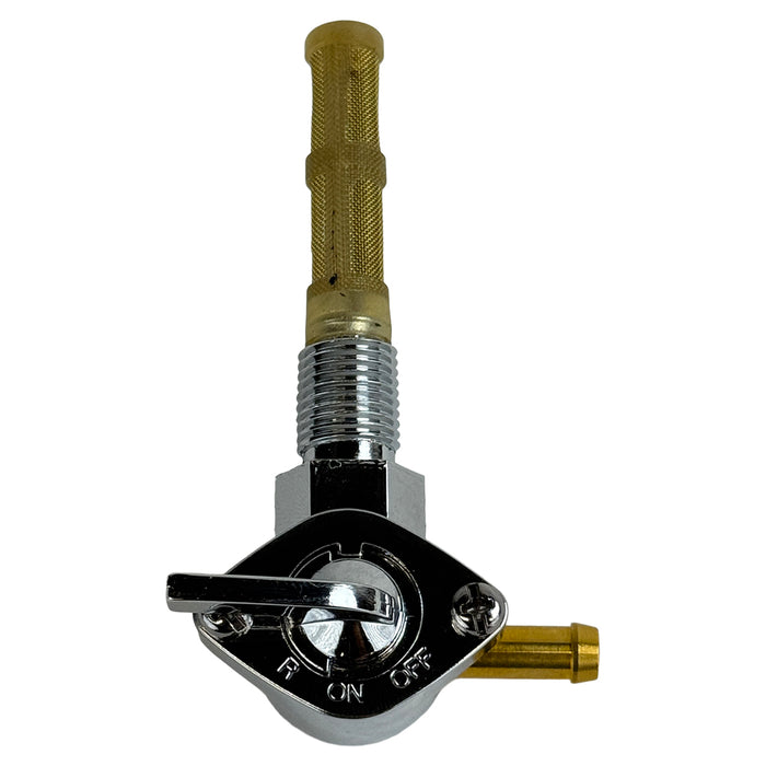 The Moto Iron® 1/4" Male Petcock—Right Spigot features ON/OFF lever control, brass fittings, and a threaded 1/4" connector—perfect as a motorcycle fuel valve replacement.
