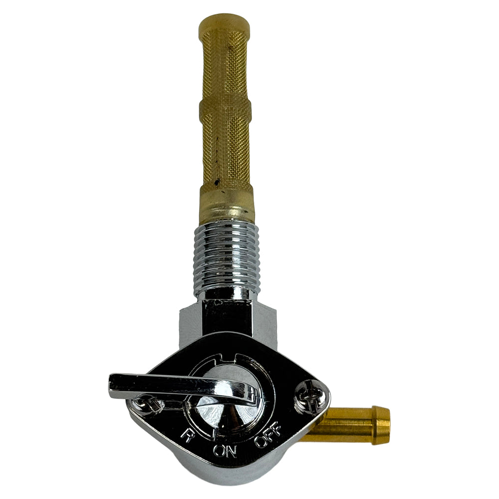 The Moto Iron® 1/4" Male Petcock—Right Spigot features ON/OFF lever control, brass fittings, and a threaded 1/4" connector—perfect as a motorcycle fuel valve replacement.