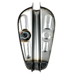 The Wyatt Gatling 2 Gallon Gas Tank features unpainted metal with visible weld marks and a top-mounted fuel cap, designed for 1958-1978 Harley-Davidson Sportster models.