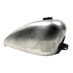 The Wyatt Gatling 2 Gallon Gas Tank features unpainted metal with visible weld marks and a top-mounted fuel cap, designed for 1958-1978 Harley-Davidson Sportster models.