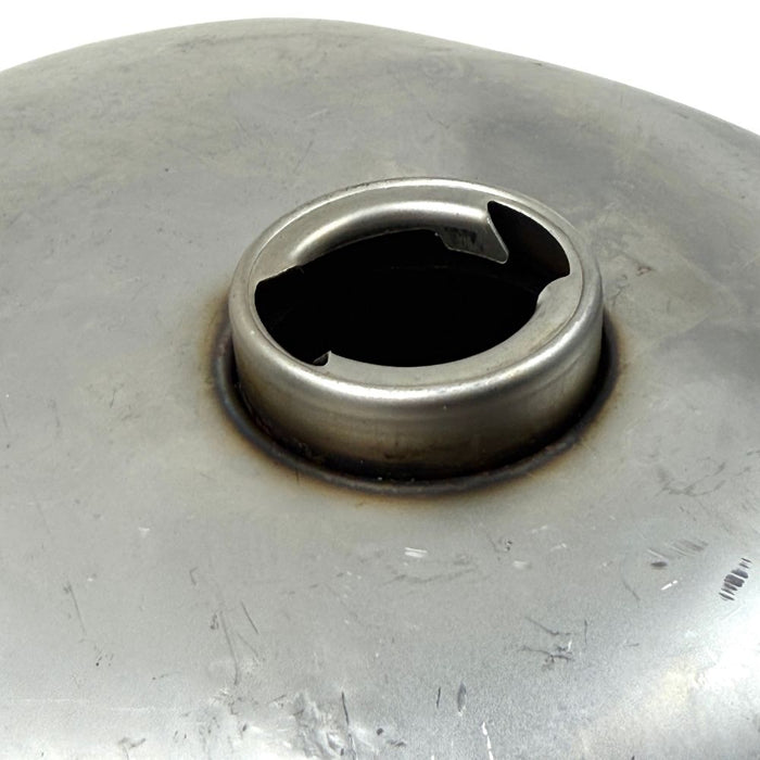 The Wyatt Gatling 2 Gallon Gas Tank features unpainted metal with visible weld marks and a top-mounted fuel cap, designed for 1958-1978 Harley-Davidson Sportster models.