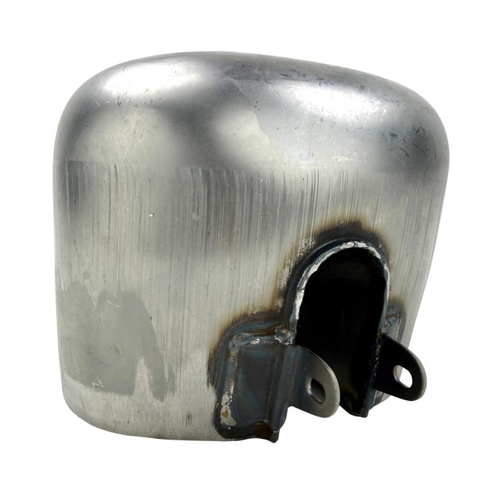 The Wyatt Gatling 2 Gallon Gas Tank features unpainted metal with visible weld marks and a top-mounted fuel cap, designed for 1958-1978 Harley-Davidson Sportster models.