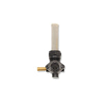 A black and gold Drag Specialties 90 Degree Black Petcock For Harley Davidson - 22mm - Left Hand Outlet fuel pump on a white background.