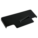 The Moto Iron® Black Battery Cover for Harley-Davidson Dyna 1997-2005 features a raised center ridge and two mounting holes, offering a sleek rectangular metal design for your Dyna.