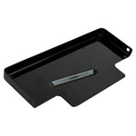 The Moto Iron® Black Battery Cover for Harley-Davidson Dyna 1997-2005 features a raised center ridge and two mounting holes, offering a sleek rectangular metal design for your Dyna.