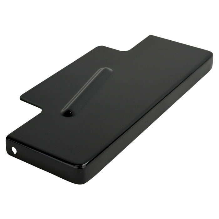 The Moto Iron® Black Battery Cover for Harley-Davidson Dyna 1997-2005 features a raised center ridge and two mounting holes, offering a sleek rectangular metal design for your Dyna.