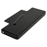 The Moto Iron® Black Battery Cover for Harley-Davidson Dyna 1997-2005 features a raised center ridge and two mounting holes, offering a sleek rectangular metal design for your Dyna.