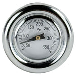 The Moto Iron® Oil Dipstick With Gauge for Harley-Davidson Softail, Sportster, and Custom features a metal analog thermometer with a round Fahrenheit dial (50–350°F) and probe—ideal for checking oil temperature.