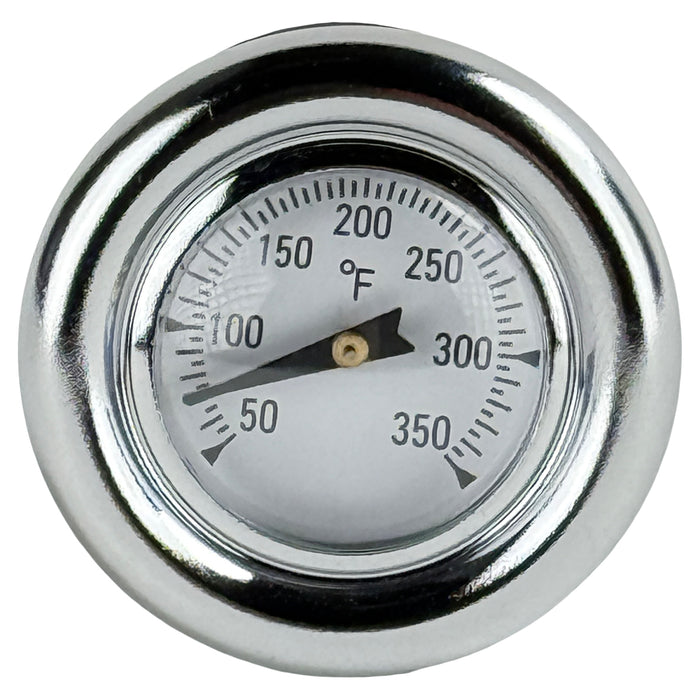 The Moto Iron® Oil Dipstick With Gauge for Harley-Davidson Softail, Sportster, and Custom features a metal analog thermometer with a round Fahrenheit dial (50–350°F) and probe—ideal for checking oil temperature.
