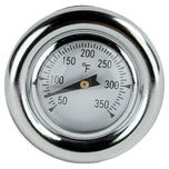 The Moto Iron® Oil Dipstick With Gauge for Harley-Davidson Softail, Sportster, and Custom features a metal analog thermometer with a round Fahrenheit dial (50–350°F) and probe—ideal for checking oil temperature.