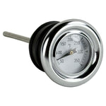The Moto Iron® Oil Dipstick With Gauge for Harley-Davidson Softail, Sportster, and Custom features a metal analog thermometer with a round Fahrenheit dial (50–350°F) and probe—ideal for checking oil temperature.
