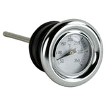 The Moto Iron® Oil Dipstick With Gauge for Harley-Davidson Softail, Sportster, and Custom features a metal analog thermometer with a round Fahrenheit dial (50–350°F) and probe—ideal for checking oil temperature.