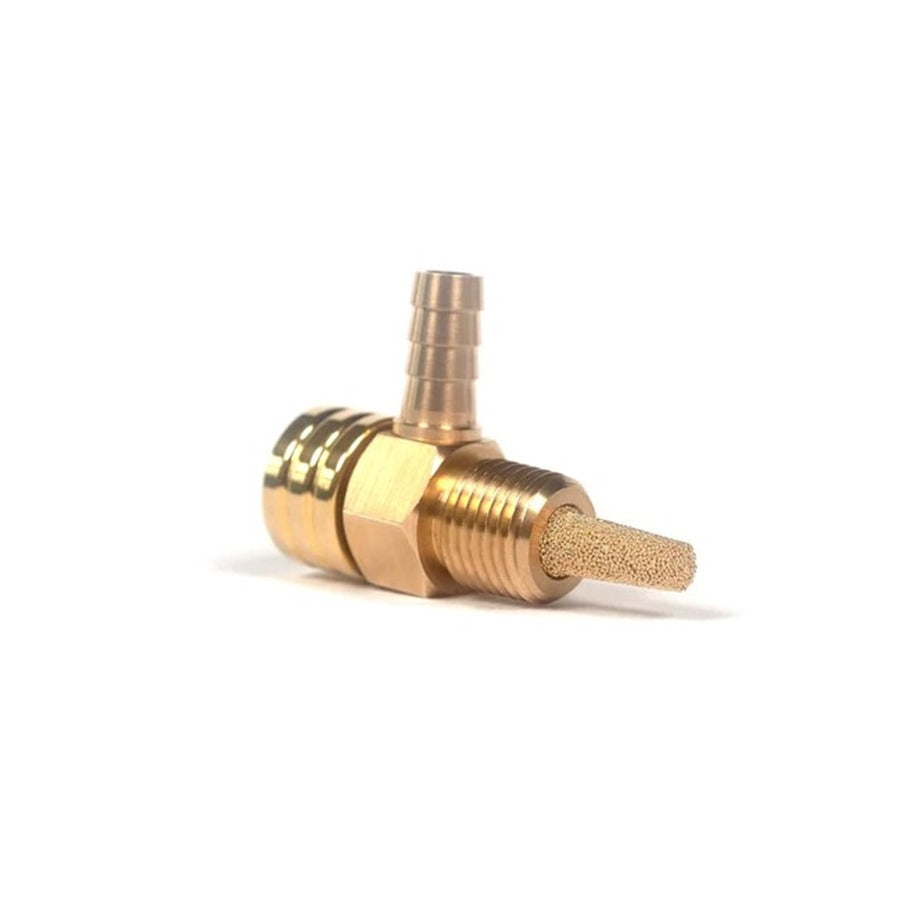 A Prism Supply Petcock - 90° 1/4" NPT - Brass fitting on a white background.