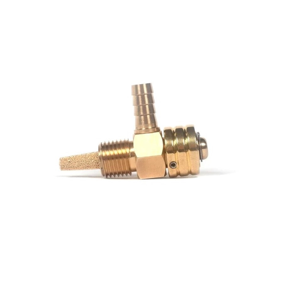 A Prism Supply Petcock - 90° 1/4" NPT - Brass fitting on a white background.