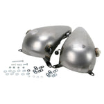 Two unpainted Drag Specialties Fat Bob Fuel Tanks (3 1/2 gallon) for Harley-Davidson Big Twin models are shown with mounting hardware and small metal brackets beside them on a white background.