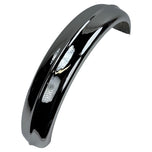 The Moto Iron® 5" Wide Raw Steel Ribbed Bobber Fender in chrome, slightly curved, shines brilliantly against a plain white background.