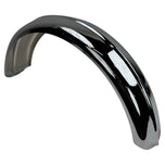 The Moto Iron® 5" Wide Raw Steel Ribbed Bobber Fender in chrome, slightly curved, shines brilliantly against a plain white background.