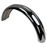 The Moto Iron® 5" Wide Raw Steel Ribbed Bobber Fender in chrome, slightly curved, shines brilliantly against a plain white background.