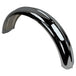 The Moto Iron® 5" Wide Raw Steel Ribbed Bobber Fender in chrome, slightly curved, shines brilliantly against a plain white background.